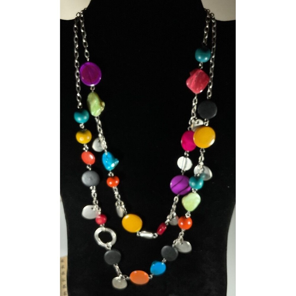 Gold Tone Multicolor Teardrop Shape Dangle Discs Drop Double Strand Necklace 24”